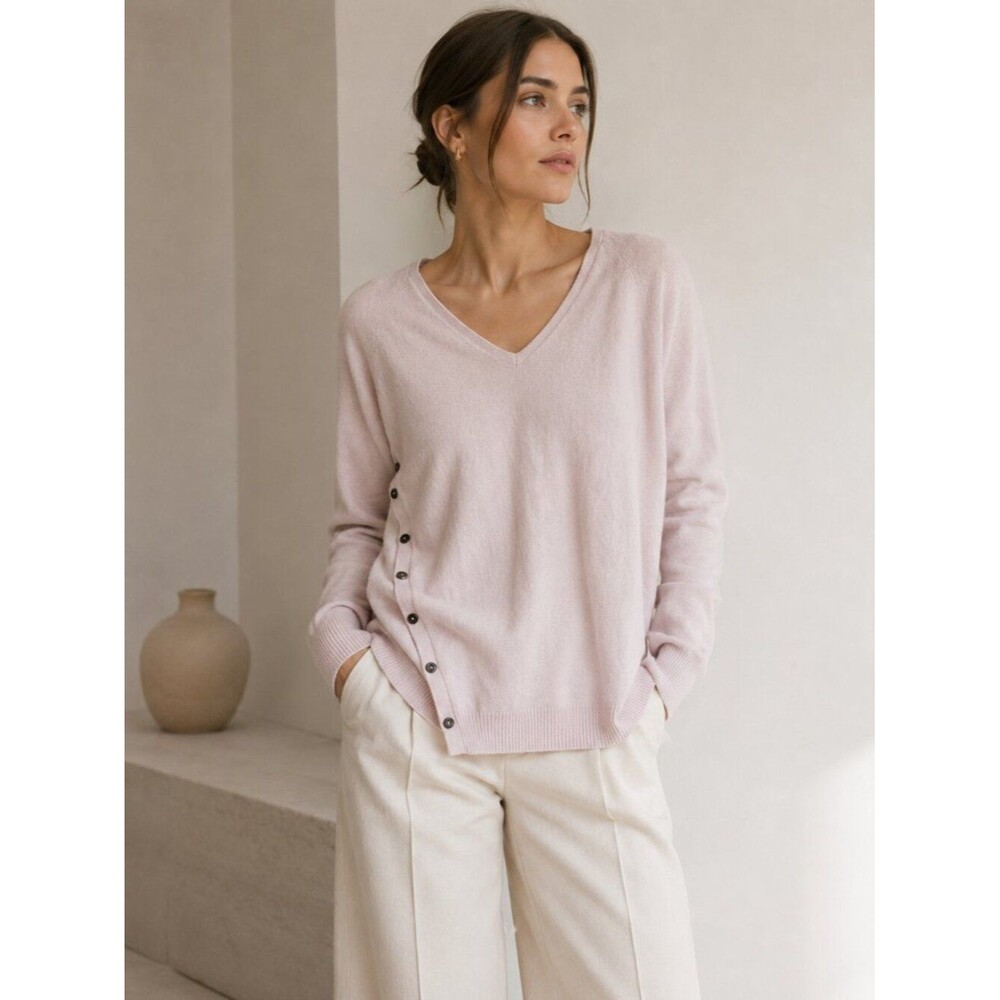 Pure Collection 100% Cashmere Sweater Blush Pink Side Button V Neck Size 12